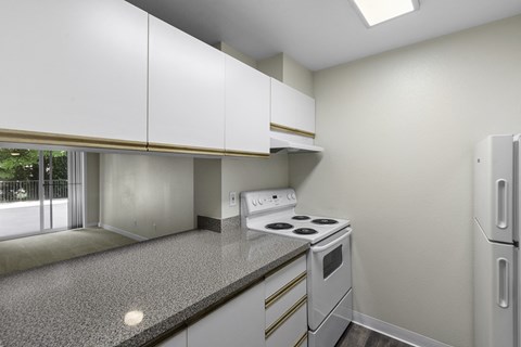 the preserve at ballantyne commons apartment kitchen with white stove and refrigerator